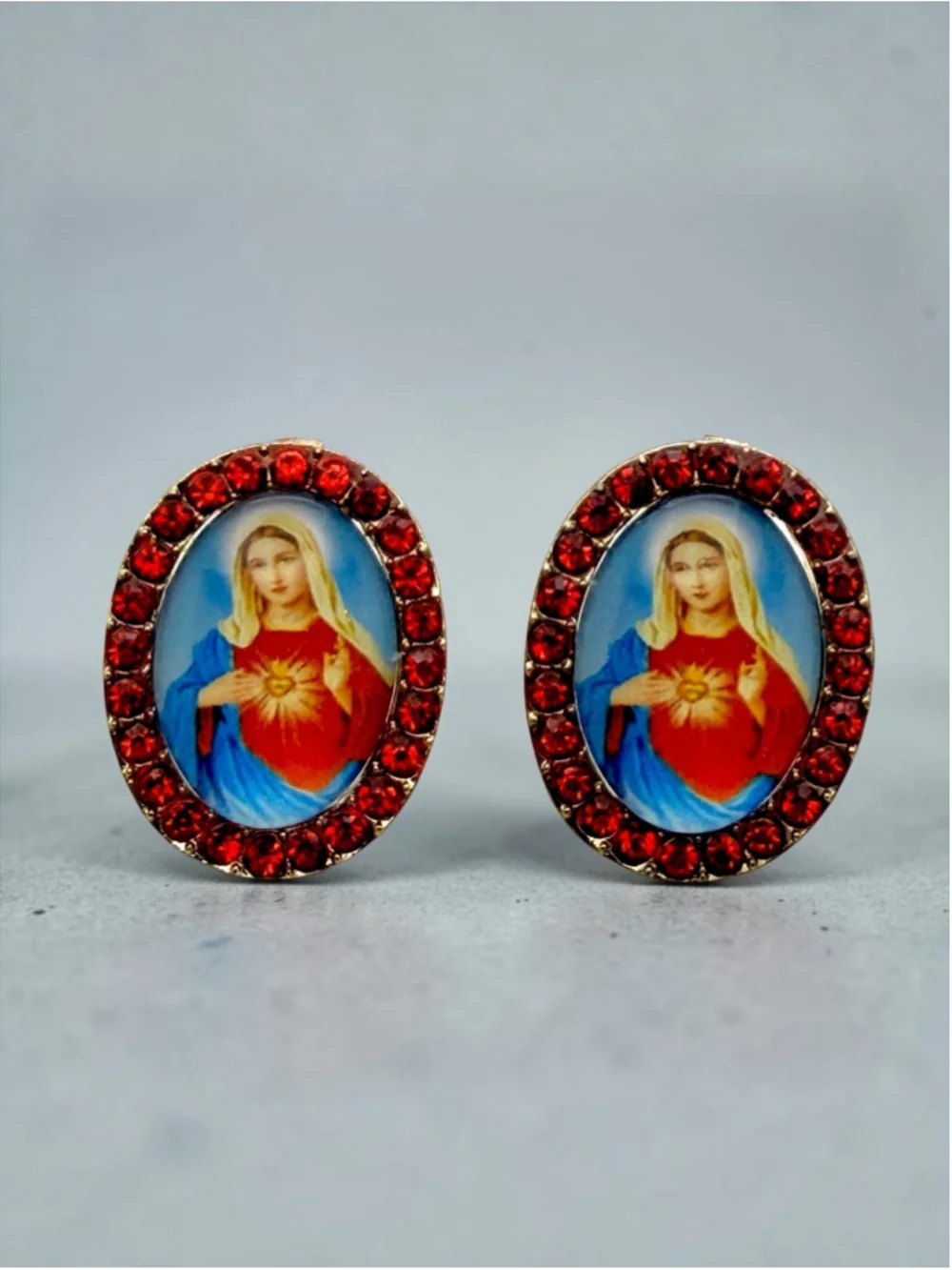 Sacred Heart of Mary Red Rhinestone 1” Oval Stud Earrings Gold Tone Catholic
